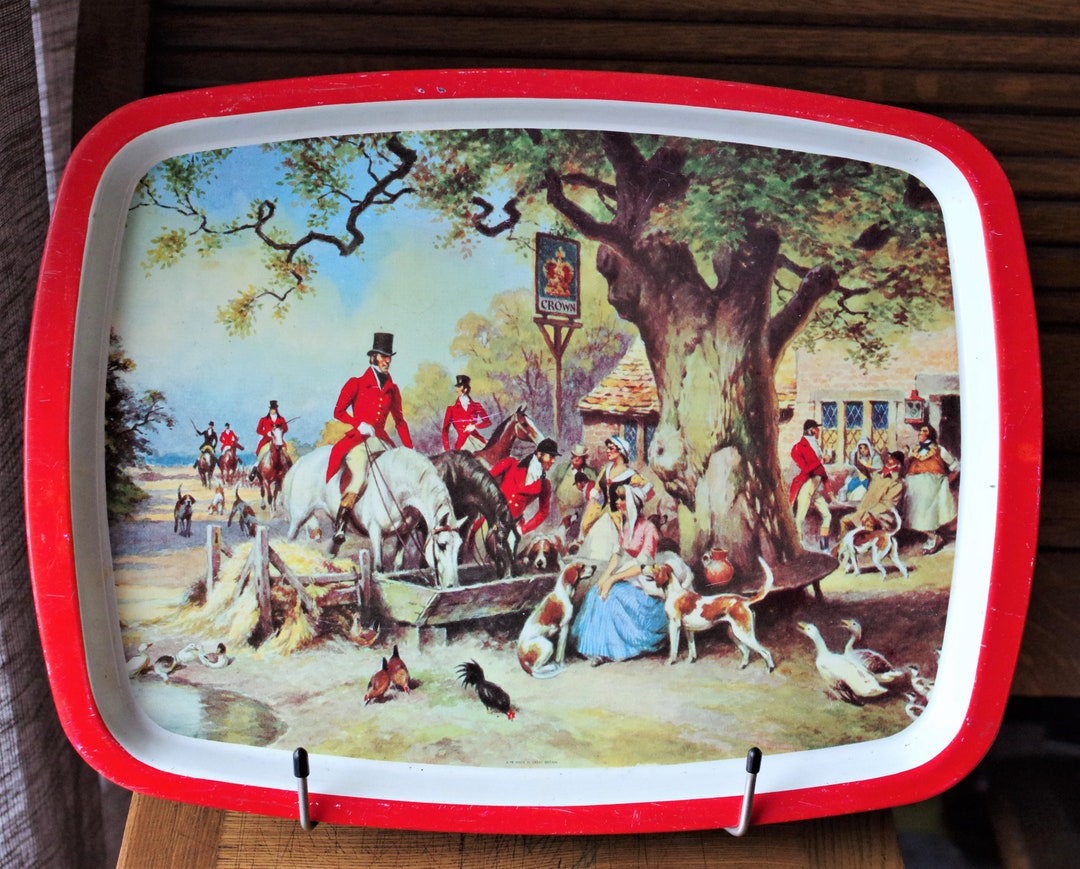 Vintage English Hunting Pub Scene Metal Serving Tray Elite Trays, Made