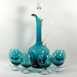 Teal Empoli Italian Glass Decanter and 6 Glasses, MCM Hand-Blown Glass with Applied Stems Handle and Stopper