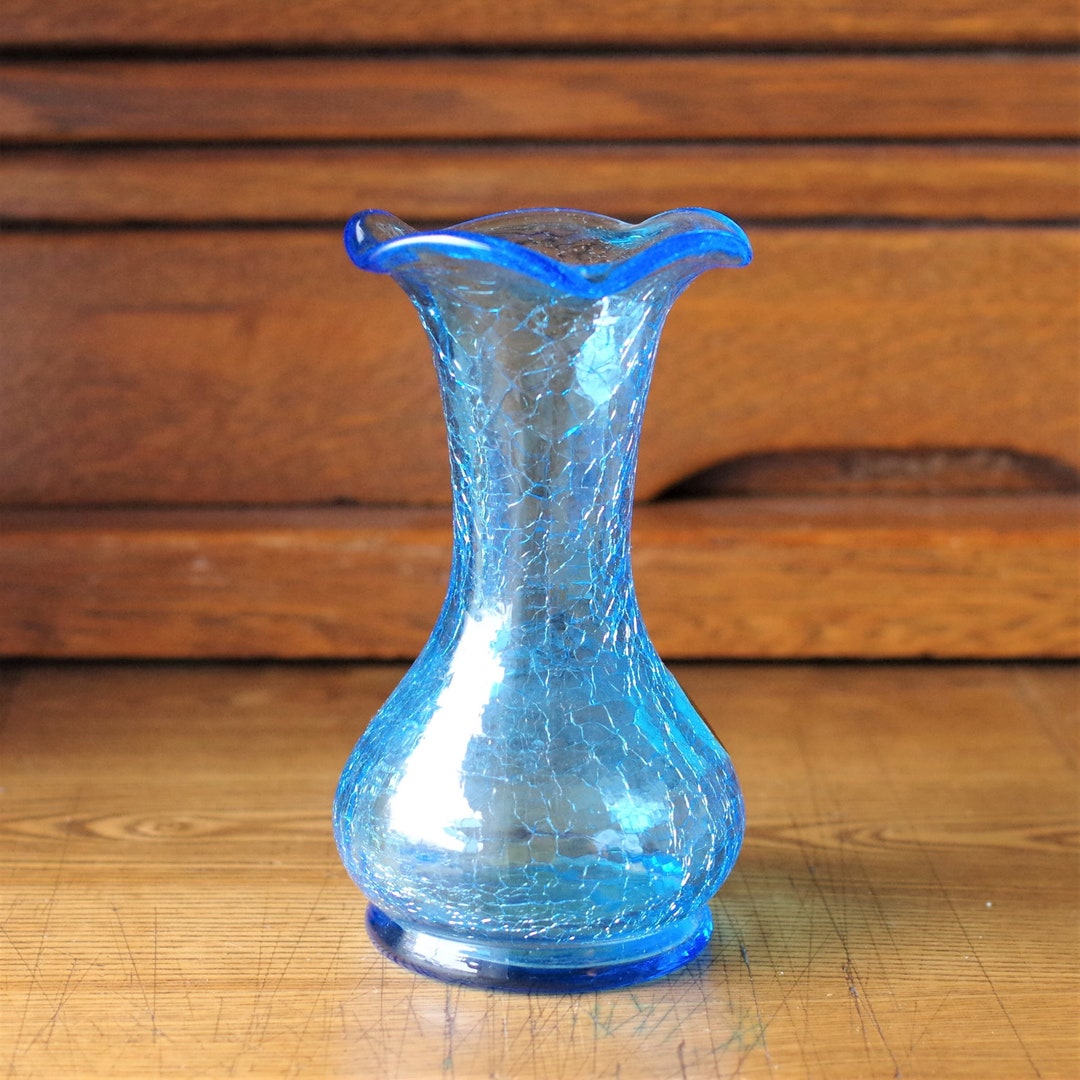 Vintage Blue Crackle Glass Vase Kanawha Hand Blown Glass Small Etsy