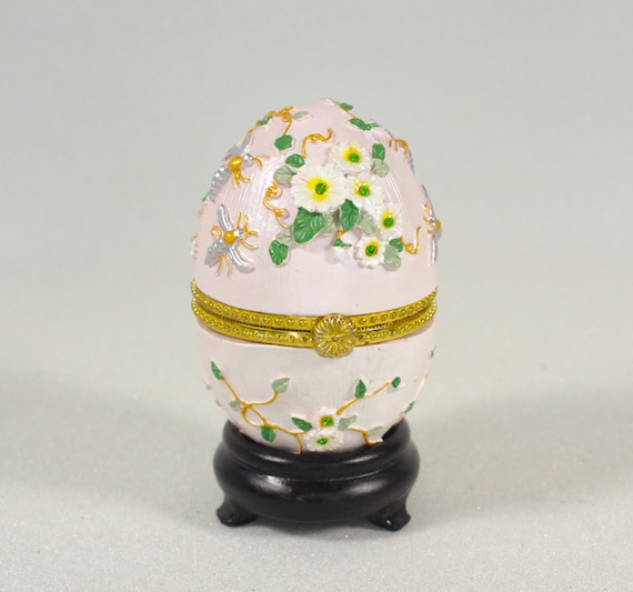 Vintage Floral Egg Hinged Box Fully Lined Resin T… - image 1