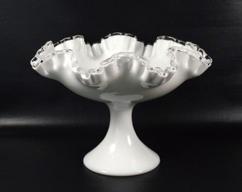 Vintage Fenton Silver Crest Double Ruffled Pedestal Compote Bowl , 8" x 11" Footed Fruit bowl Candy Dish Crimped Edge, Wedding Décor