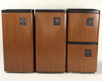 Mid Century Kitchen Canister Set Black And Faux Wood GSW Made in Canada 4-Piece Canister Set Retro Kitchen Flour Sugar Coffee Tea
