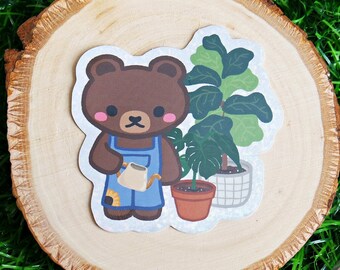 Gardener Bear Glitter Sticker Cute Cozy Plants Fiddle Leaf Monstera