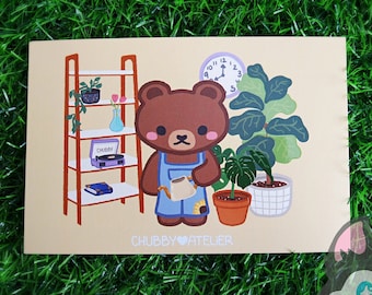 Gardener Bear Room Cute Mid Century Fiddle Leaf Fig Monstera Plants Mini Print