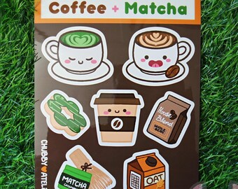 Coffee Matcha Sticker Sheet Cute Chibi Kawaii ToGo Coffee Beans Matcha Powder Latte Oat Milk
