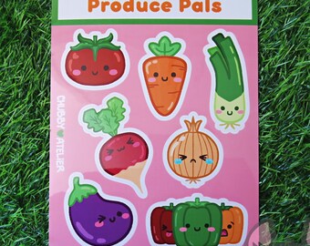 Veggie Produce Kawaii Cute Sticker Sheet Tomato Carrot Eggplant Green Onion Beets Bell Pepper