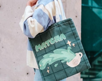 Matcha Spill Canvas Tote Bag Matcha Latte Cute Cafe Grid Aesthetic Book Bag Reusable Tote