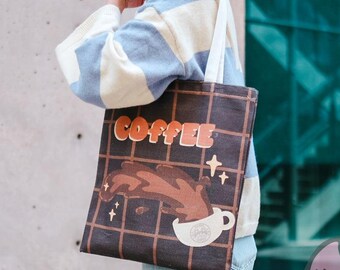 Coffee Spill Canvas Tote Bag Cute Latte Coffee Lover Neutral Grid Aesthetic Book Bag Reusable Tote