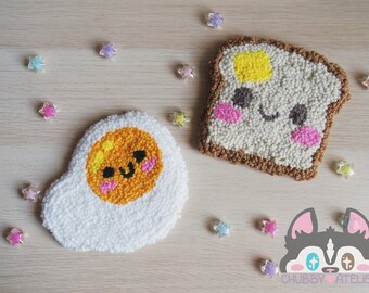 Breakfast Butter Toast Sunny Side Up Fried Egg Mug Rug Handmade Coaster Cute Punch Needle