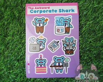 Awkward Corporate Job Hammer Head Shark Funny Sticker Sheet Work From Home Cute Decal Work