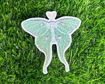 Magical Luna Moth Vinyl Sticker | holographic | sparkly | water resistant | water bottle decal