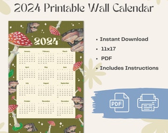 Printable 2024 Mushroom Calendar Poster 11x17, Instant Download