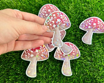 Holographic Toadstool Sticker: Water-Resistant Vinyl Decal