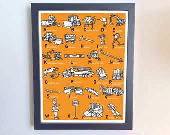 Constuction ABC chart wall art, power tools, Construction vehicle art, Construction print, Boys trucks, excavator wall art  *DIGITAL FILE*