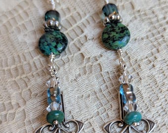Silver, crystal & faux turquoise dainty beaded earrings swiftie-style sundance-style silver tone with sterling earwires