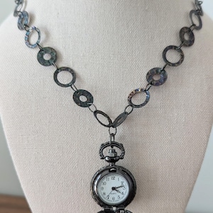 WORKING Black textured qtz pocket watch steampunk whimsigoth sundance-style boho upcycled grunge cyberpunk wedding anniversary iridescent