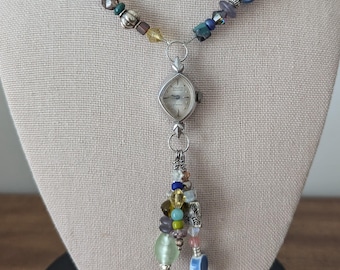 Vintage Gruen White Gold Watch Necklace with Multi-Colored Beads