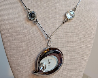 Working Pierre Silver Tone Vintage Watch Necklace with Faceted Crystal and Bar Chain Steampunk Whimsigoth Cyberpunk Handmade 20-24"
