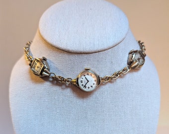 Yellow gold vintage 3 watch choker rnd Elgin center and textured rope chain steampunk elegant upcycled whimsigoth wedding anniversary bridal