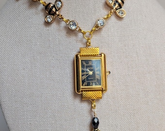 Vintage Working Montana Gold Tone Watch Choker Necklace Black Dial Bumble Bee Chain