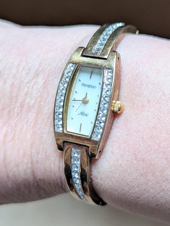 Working Vintage Armitron Gold Tone Watch Bracelet W Rhinestones