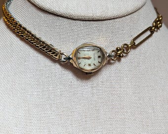 Vintage Waltham Watch Choker with Upcycled Yellow Gold Band and Chain Necklace Non-Working