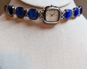 Vintage unmarked silver tone watch choker necklace blue stones steampunk whimsigoth boho upcycled wedding anniversary bridal unisex Swift
