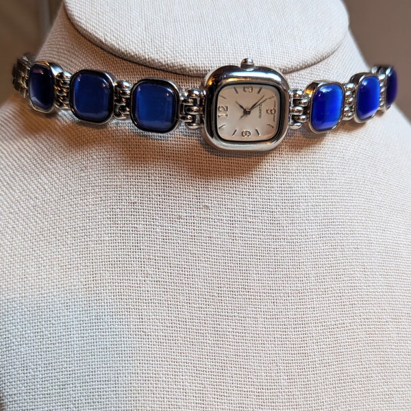 Vintage unmarked silver tone watch choker necklace blue stones steampunk whimsigoth boho upcycled wedding anniversary bridal unisex Swift