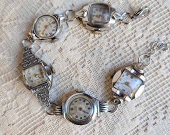 Upcycled Vintage White Gold 5 Watch Bracelet: With Louis Center and Yellow Gold Accents Steampunk Style