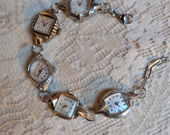 Two-Tone Gold Vintage 5 Watch Bracelet: Upcycled Bulova Center Steampunk Jewelry