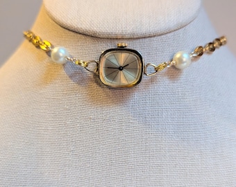 Vintage Gold Tone Watch Choker: Faux Pearl Steampunk Necklace