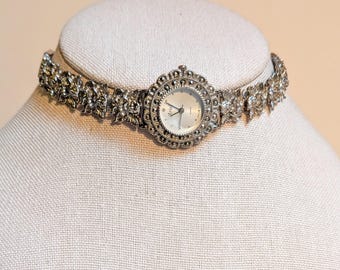 Vintage Working Ariel Silver Tone Quartz Watch Choker w/Marcasites and Angel Motif on Band. New Battery.
