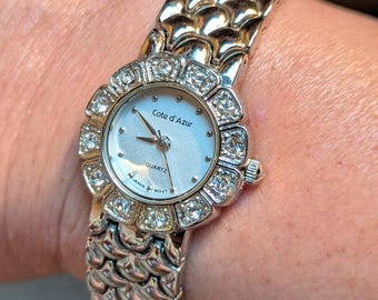 Vintage Working Cote d'Azur Rhinestone Watch Bracelet: Silver Tone Steampunk Jewelry