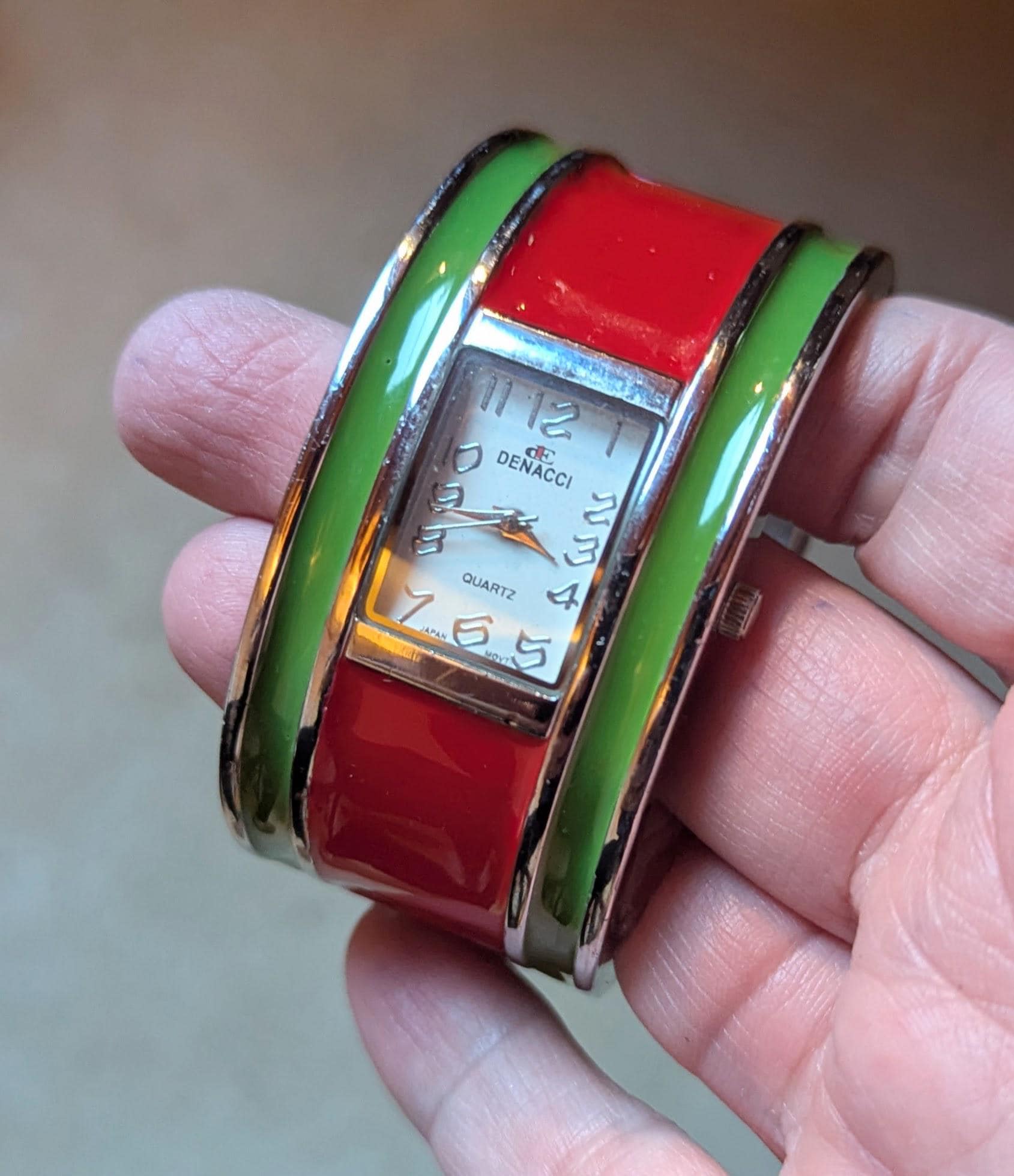 Vintage Denacci Cuff Watch: Silver Tone Red Green Enamel