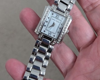 Working Vintage Anne Klein Silver Tone Unisex Watch with White Dial & Rhinestones Whimsigoth Steampunk Minimalist Modern Quartz Battery
