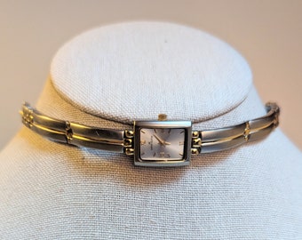 Anne Klein 2-tone shiny gold & brushed silver rectangular quartz watch choker steampunk whimsigoth minimalist modern wedding anniversary