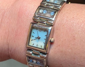 Vintage Valetta Silver Tone Watch: Blue Face, Floating Crystals