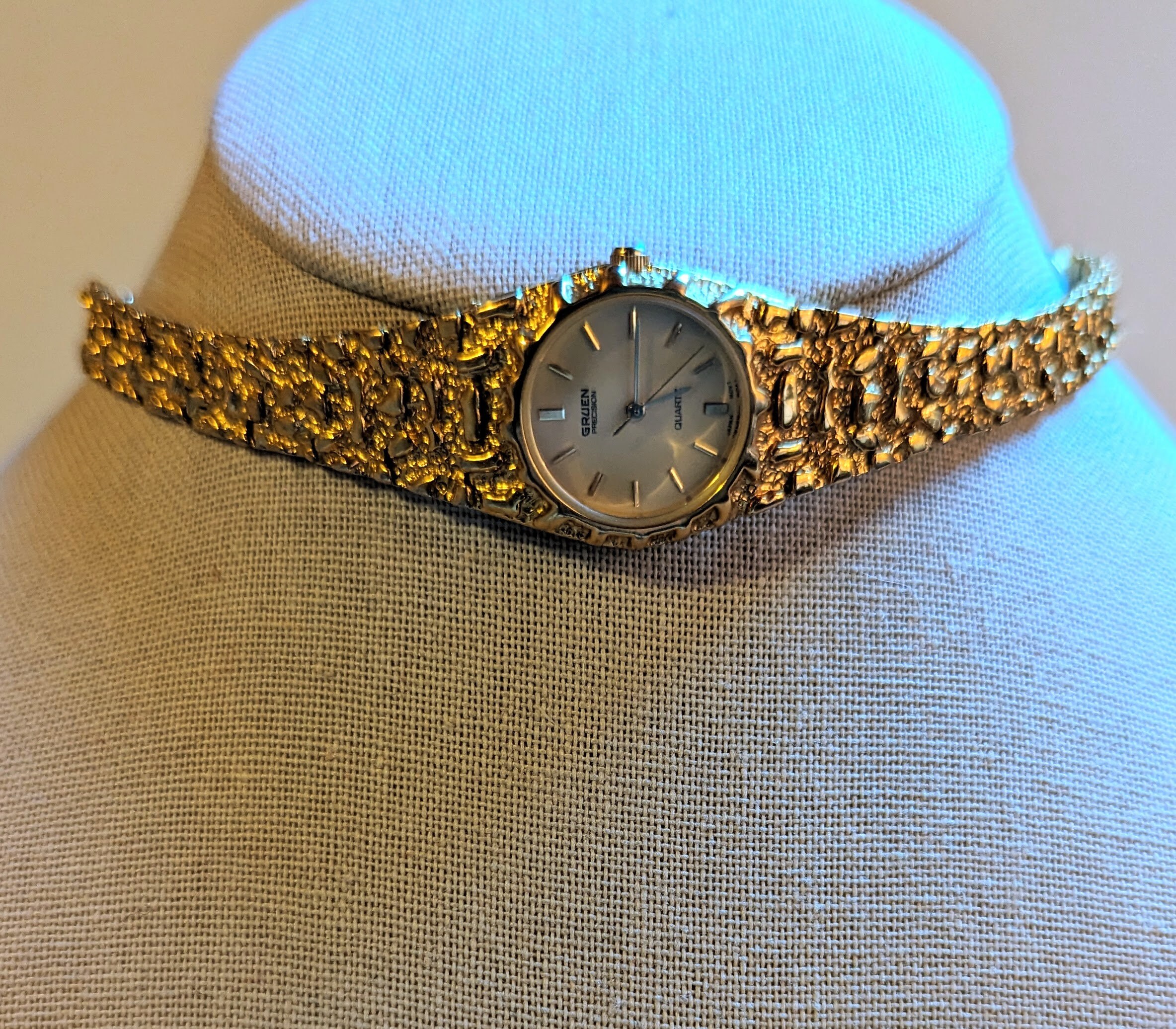 Vintage Gruen Gold Tone Circular Quartz Watch Choker Steampunk Whimsigoth Gold Nugget type Band Wedding Anniversary Unique Classic Elegant Etsy