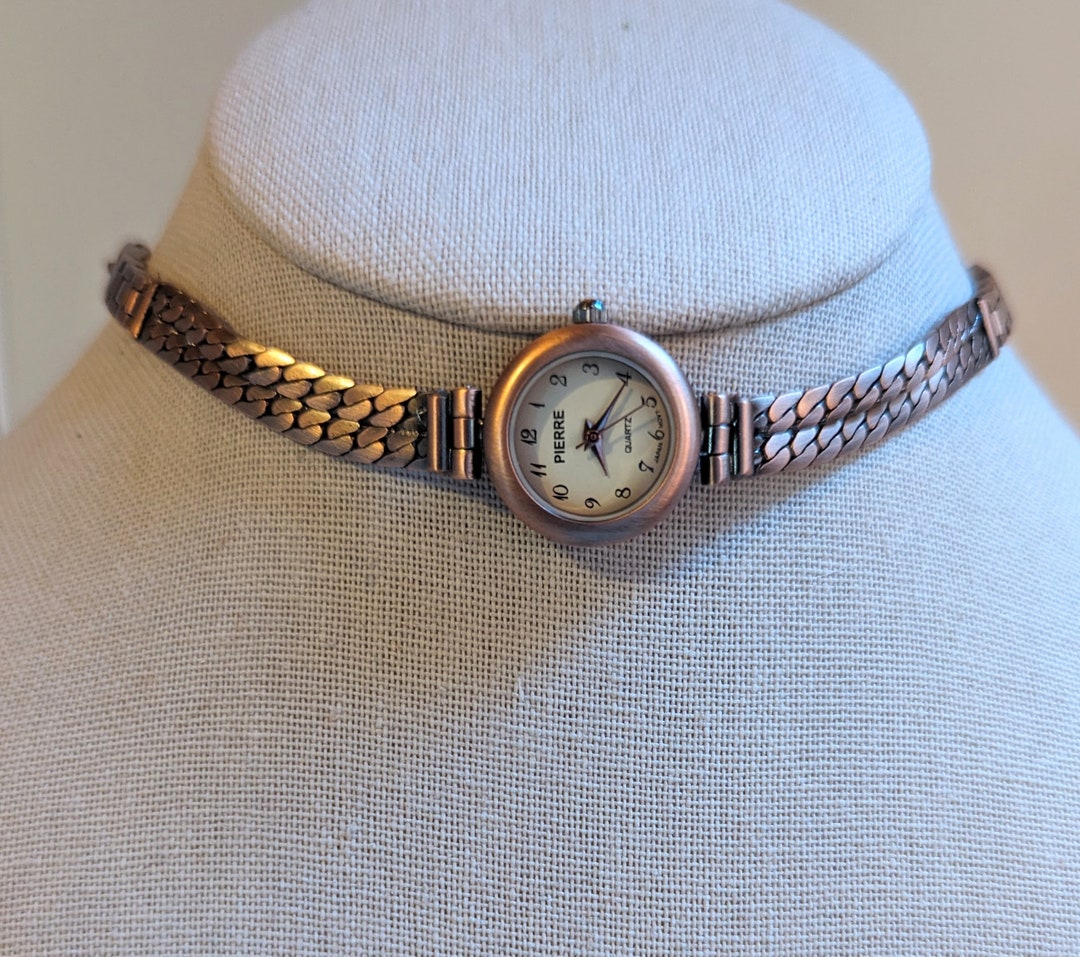Vintage Pierre Brushed Copper Tone Round Quartz Watch Choker W Double ...