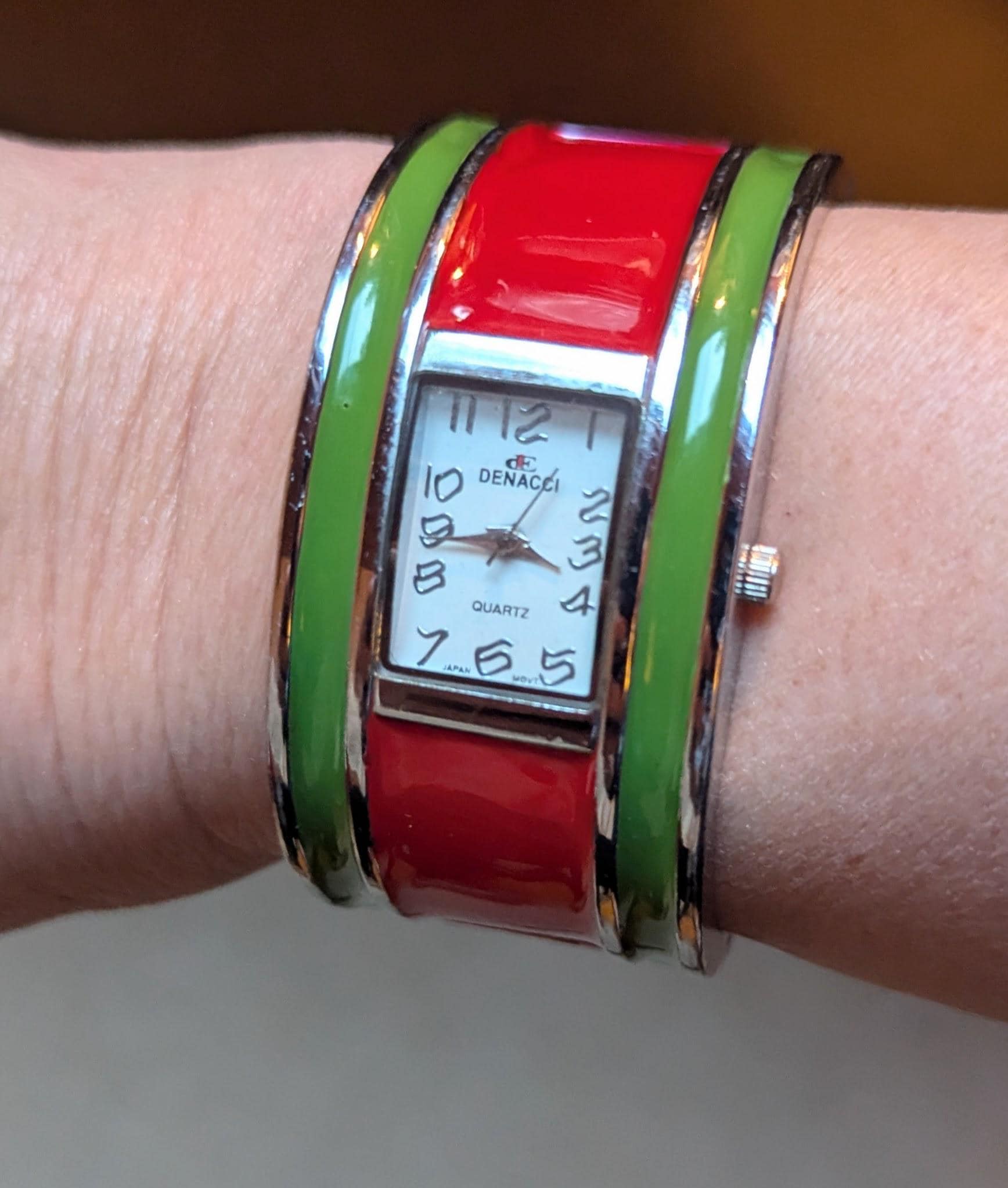 Vintage Denacci Cuff Watch: Silver Tone Red Green Enamel
