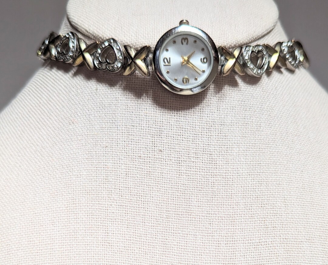 Vintage Working Unmarked 2 Tone Watch Choker Necklace Rhinestones