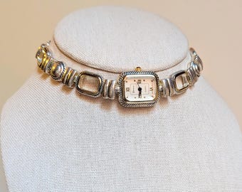 Vintage Working Geneva Silver Tone Rectangular Qtz Watch Choker Necklace with Open Link Band and New Battery