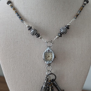 Silver tone Steampunk Boho upcycled  vintage watch necklace #18 Bridal Anniversary Wedding whimsigoth cyberpunk unique beaded handmade
