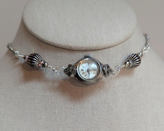 Vintage Timex Watch Choker: Silver Crystal Beaded Necklace