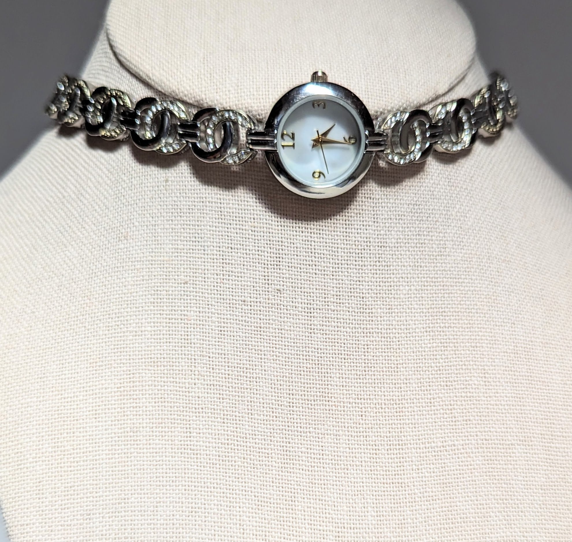 Vintage Working Unmarked 2 Tone Watch Choker Necklace Rhinestones