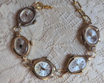 Gold Tone Vintage 5 Watch Bracelet Ovals Sharp Qtz Center Gold Tone Vintage 5 Watch Bracelet Ovals Sharp Qtz Center