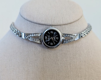 Vintage Dufonte silver tone round quartz watch choker with rhinestone arched band steampunk whimsigoth minimalist wedding anniversary bridal