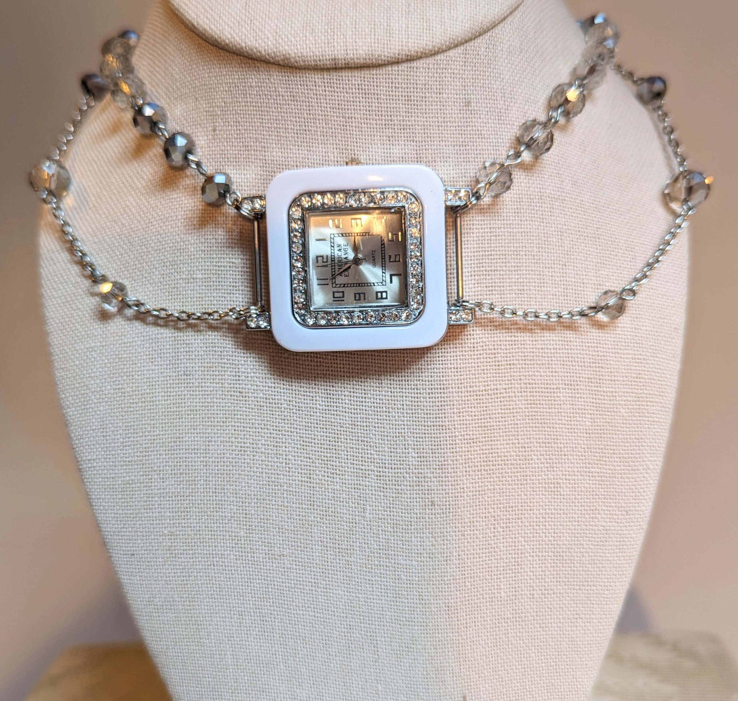 Vintage Working Silver Tone Watch Choker Rhinestones Steampunk
