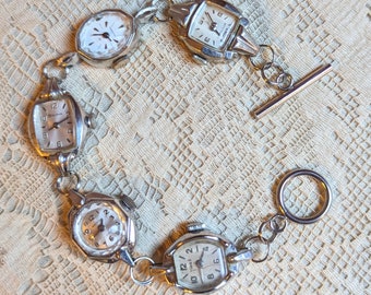 White gold vintage watch bracelet #70 Bulova center upcycled boho steampunk  antique MCM whimsigoth anniversary wedding whimsigoth bridal