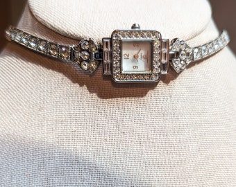 Vintage Unmarked silver tone watch choker covered with crystals steampunk whimsigoth boho wedding anniversary unique bridal unisex BLING!!